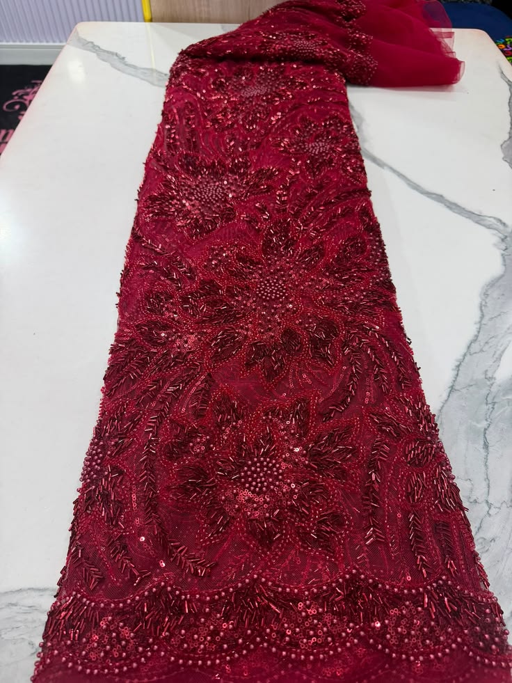Burgundy wine beaded lace #2.    Selling  by yards